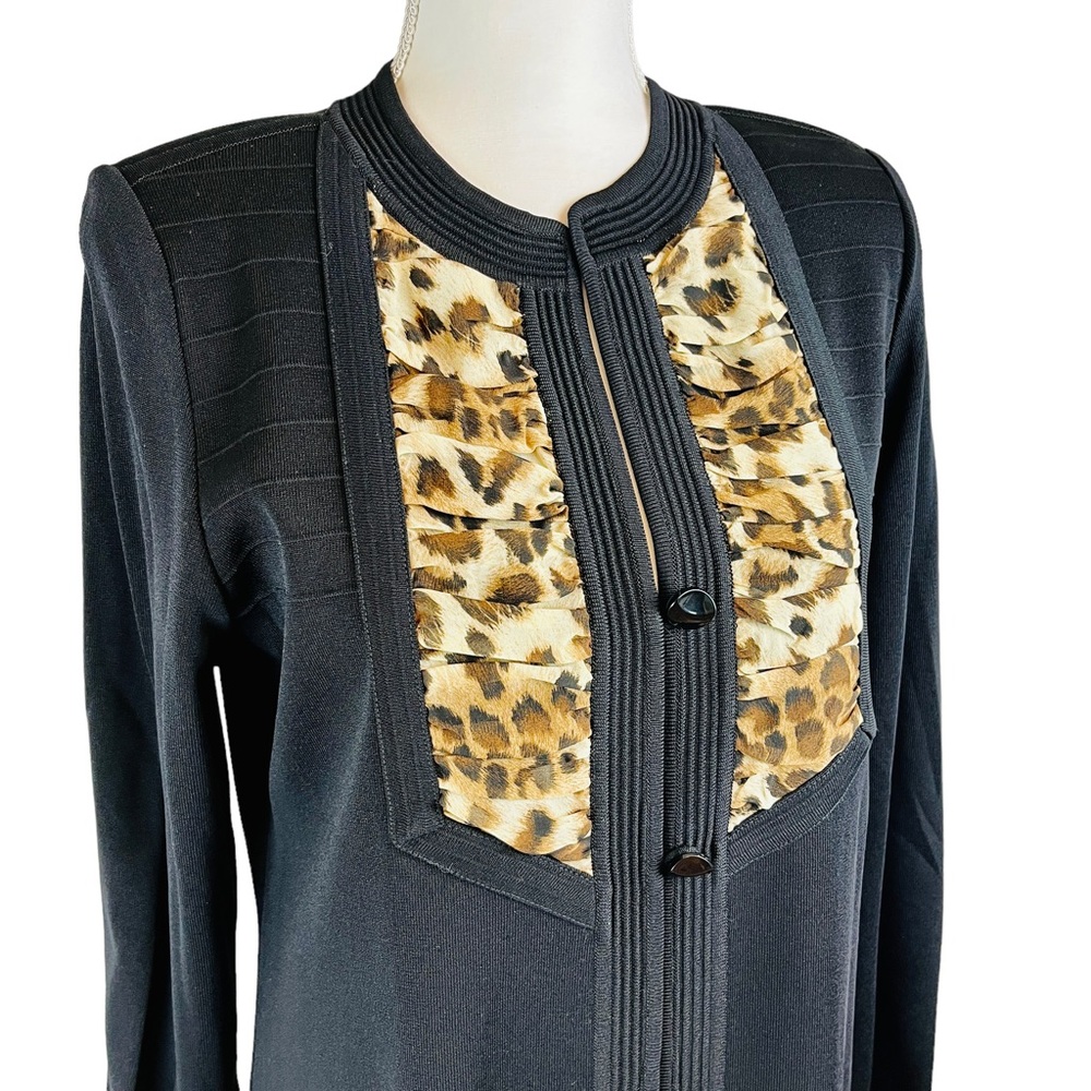 Exclusively MISOOK Black Leopard Cardigan Long Knit‎ Sweater Jacket Sz S Classic - Picture 6 of 11